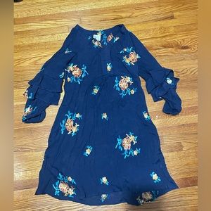 Fig and Flower Women’s Dark Blue Frilly Sleeve Embroidered Floral Dress